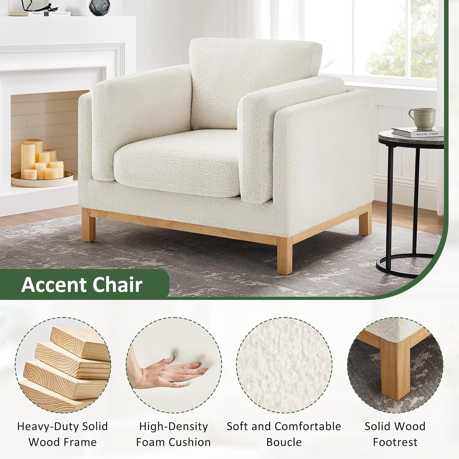 Oversized Accent Chair Set of 2, Modern Upholstered Chairs | Boucle Reading Chair with Solid Wood Legs and 400 lbs Capacity, Cozy Seating for Living Room, Bedroom & Office, Ivory White