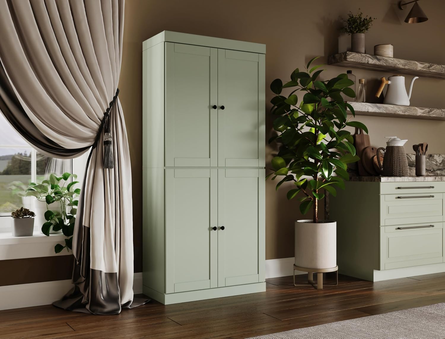 Palace Imports Solid Wood Kitchen Pantry Cabinet - 71.5" Tall x 32" Wide - Wooden Storage Cabinet with 4 Shaker Doors & 4 Adjustable Shelves, Sage, 100% Renewable Eco-Friendly Wood, Made in Brazil