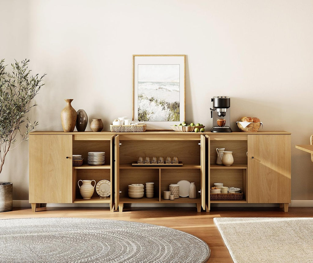 WAMPAT Modern Large Sideboards Credenza Storage Cabinets, 3 Pieces, Oak | 106" Wide Buffet Table w/ Doors & Shelves, Mid Century Tall Media Console, Wood Kitchen Coffee Bar for Living Room, Hallway