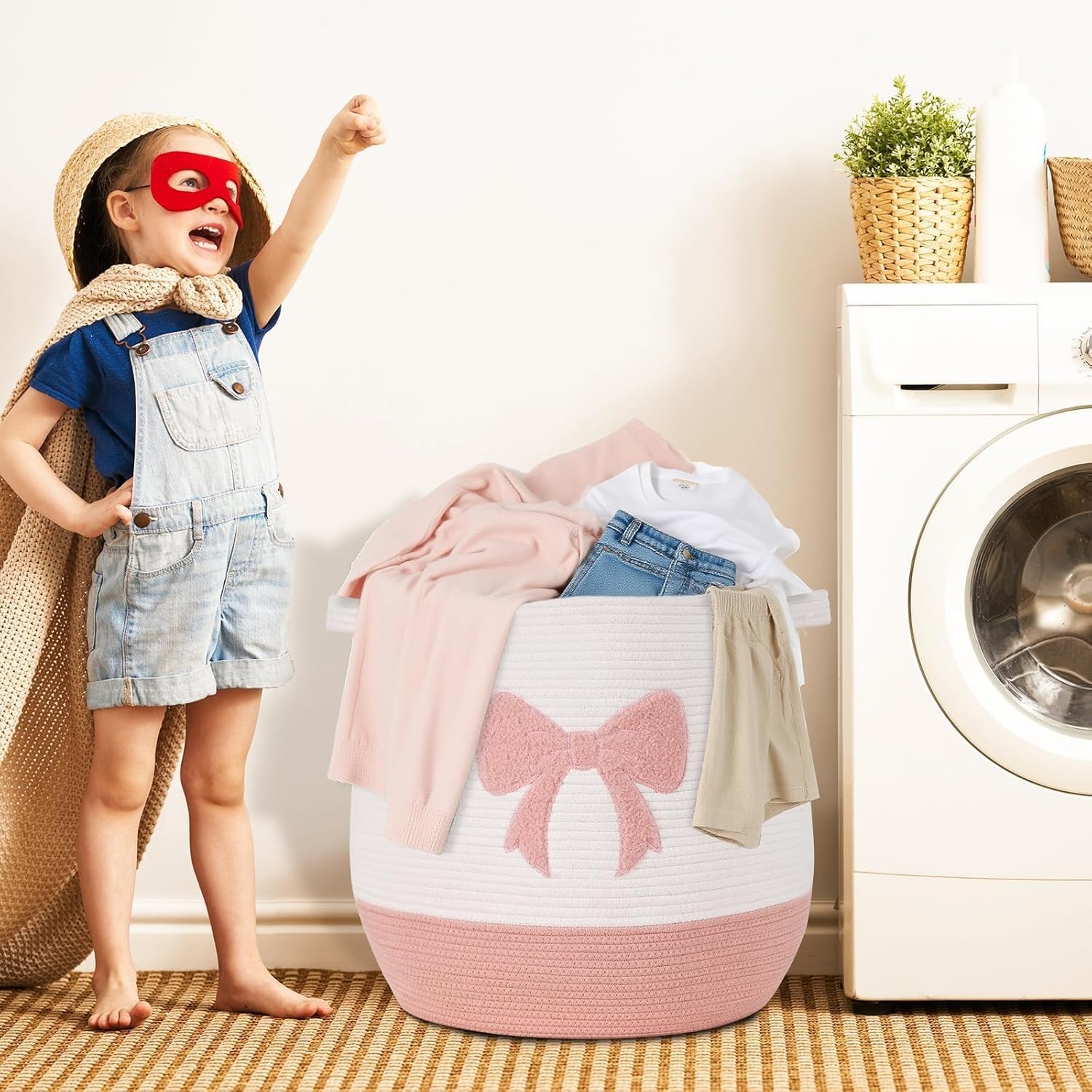 Large Baby Laundry Hamper, Pink Bow Laundry Basket for Baby Girl, Toy and Blanket Storage Basket for Nursery and Playroom, Cotton Rope Hamper for Kids, 17.7"x15.7"