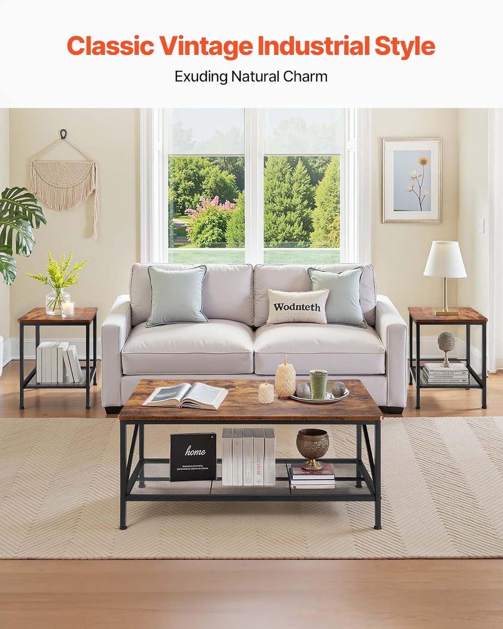VEVOR 3 Pieces Living Room Table Sets, 41.3 in Industrial Coffee Table with 2...