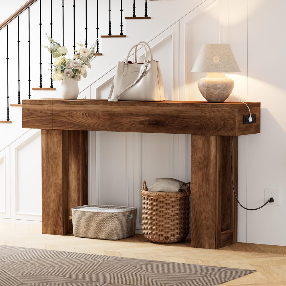 63 Inch Long Console Table w/Outlets & USB Ports, Narrow Rectangular Sofa...