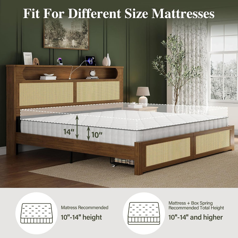 Belffin King Size Rattan Bed Frame with 2 Storage Drawers, Wood Bed, Brown