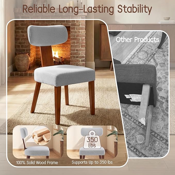 Dining Chairs Set of 2, Mid-Century Modern Upholstered Kitchen Chairs with Curved Backrest and Linen Fabric Seat, Wood Leg Accent Chairs for Dining Room, Living Room, Bedroom, Grey