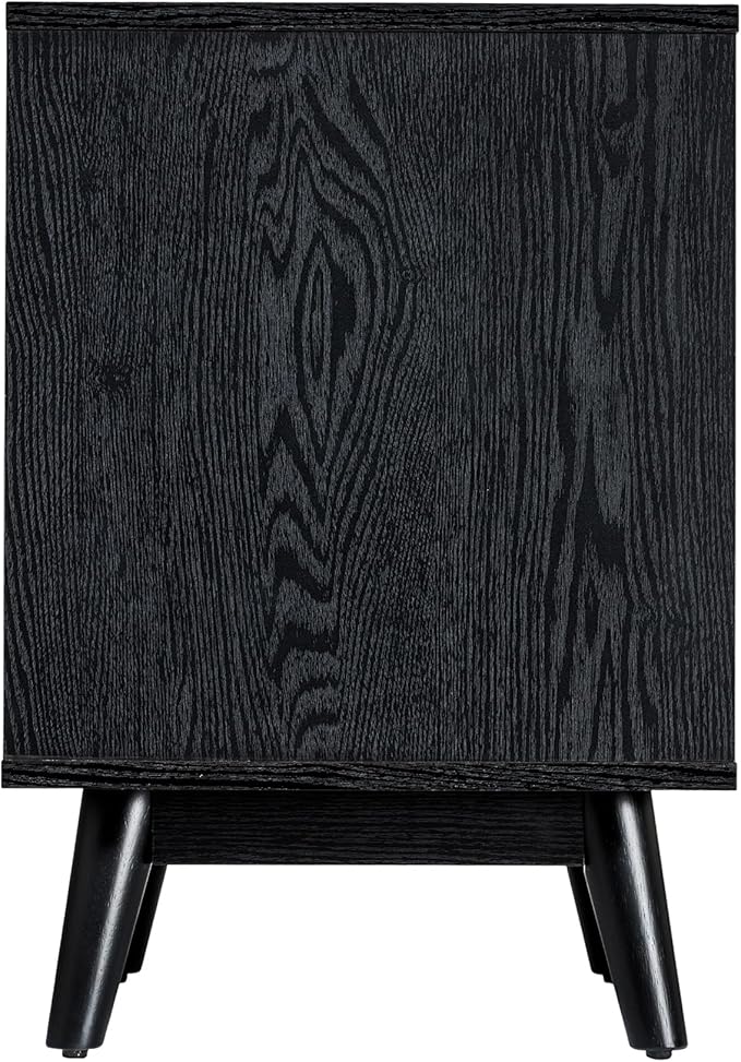 Sango Cortland 2-Drawer Nightstand, Modern Black Wood Bedside Table with Brass Handle, Wooden Legs, Sleek Mid-Century Design, Elegant Storage for Contemporary Homes