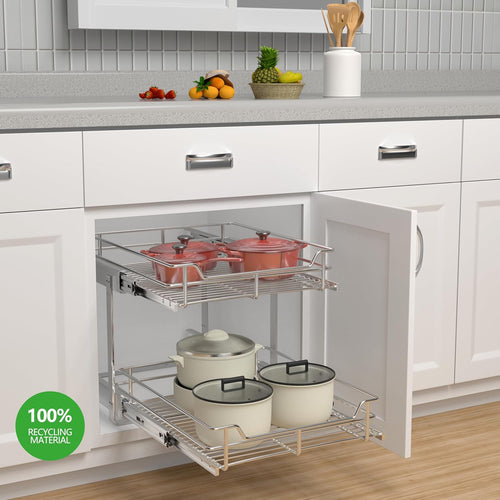 2-Tier Cabinet Pull Out Shelves (20" W x 22" D), Slide Out Shelves for Kitchen Cabinets, Metal Pots and Pans Organizer for Under Cabinet