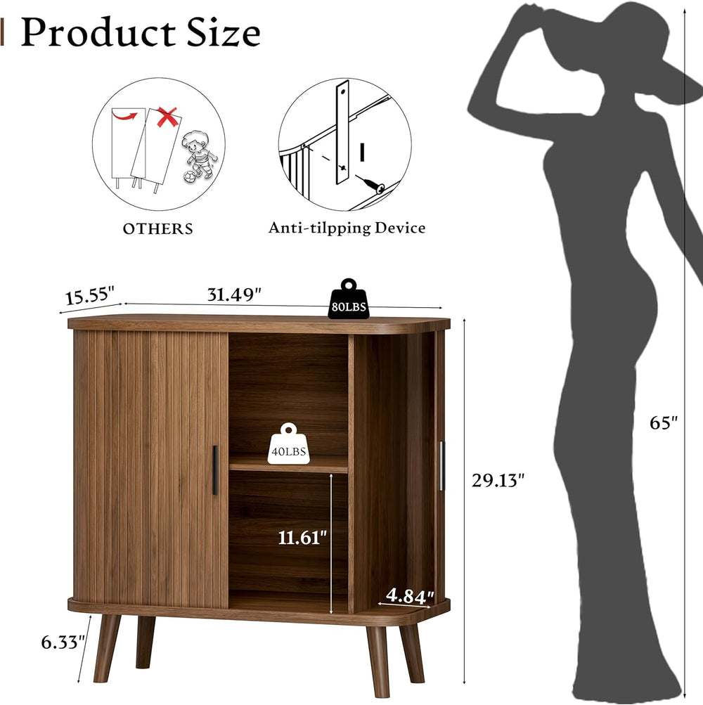 Sideboard Buffet Cabinet with Sliding Door, 31.5" Wide Fluted Modern Acc...