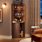 72" Tall Corner Bar Cabinet with LED Lights, Fluted Wine Bar Cabinet with Storage, Mid-century Modern Liquor Cabinets with Sliding Door & Wine Glass Holder, for Dining Room, Living Room Walnut
