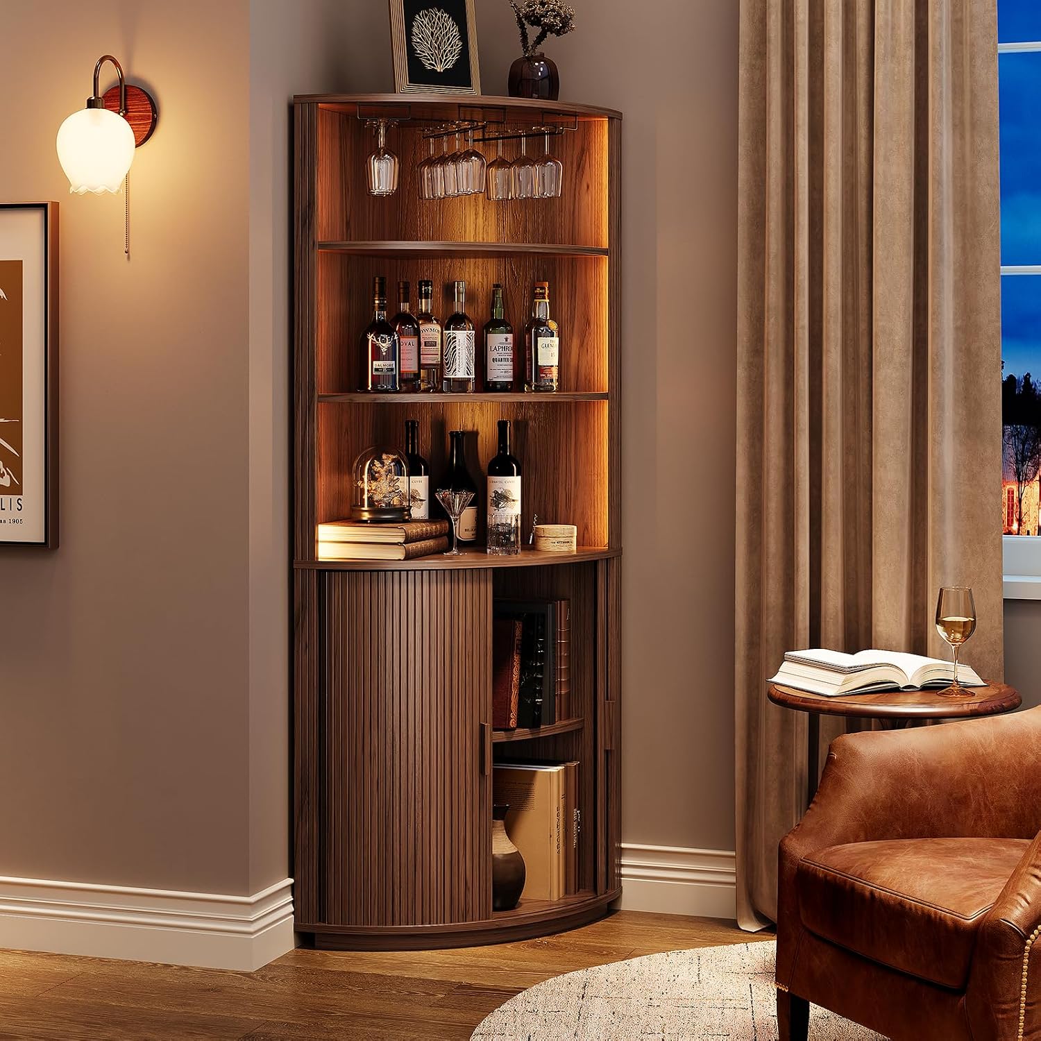 72" Tall Corner Bar Cabinet with LED Lights, Fluted Wine Bar Cabinet with Storage, Mid-century Modern Liquor Cabinets with Sliding Door & Wine Glass Holder, for Dining Room, Living Room Walnut