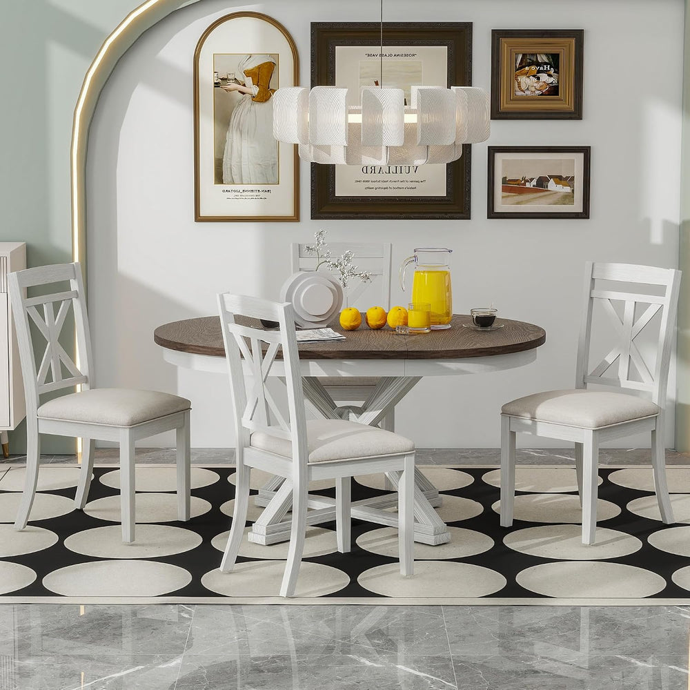 Merax Round Dining Table Set for 4, Farmhouse Kitchen Table Set with Extendab...