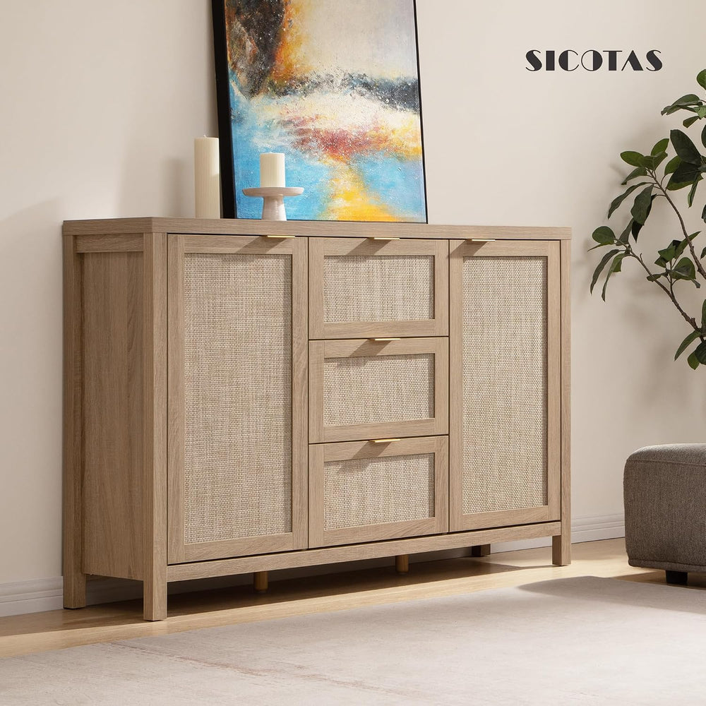 SICOTAS 52 Inch Sideboard Buffet Cabinet with Storage, Rattan Credenza
