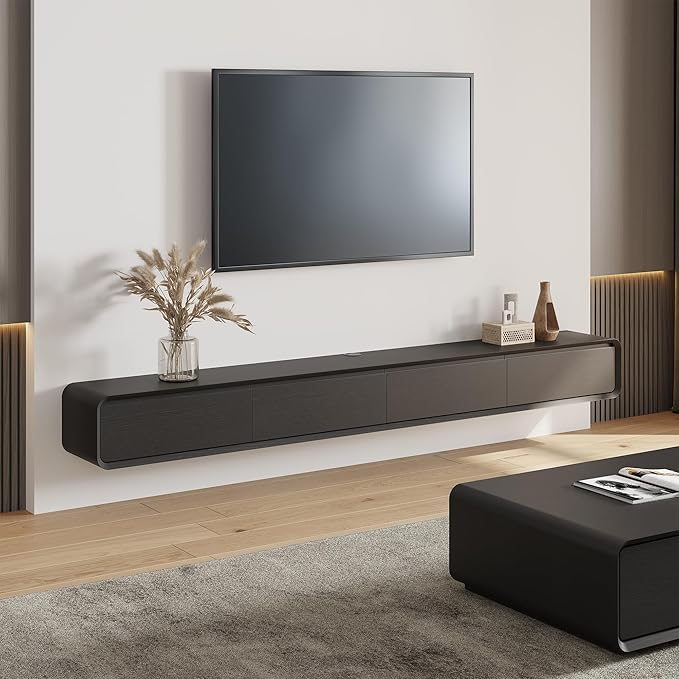 POVISON Fully-Assembled Minimalist Floating TV Stand, Modern Wall-Mounted Entertainment Center with 4 Flip-Down Cabinet Doors, Solid Wood Media Console, Black Oak, 94"