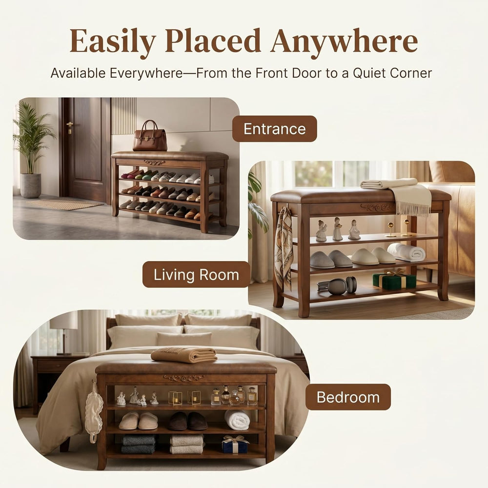 Shoe Rack Bench Entryway Storage with Leather Cushion, Shoe Organizer Bench f...