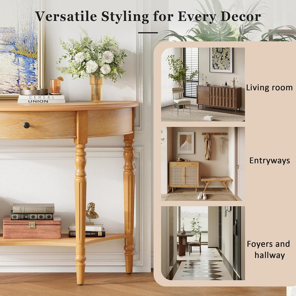 LKTART Vintage Half Moon Console Table with Solid Pinewood Frame & Legs, ...
