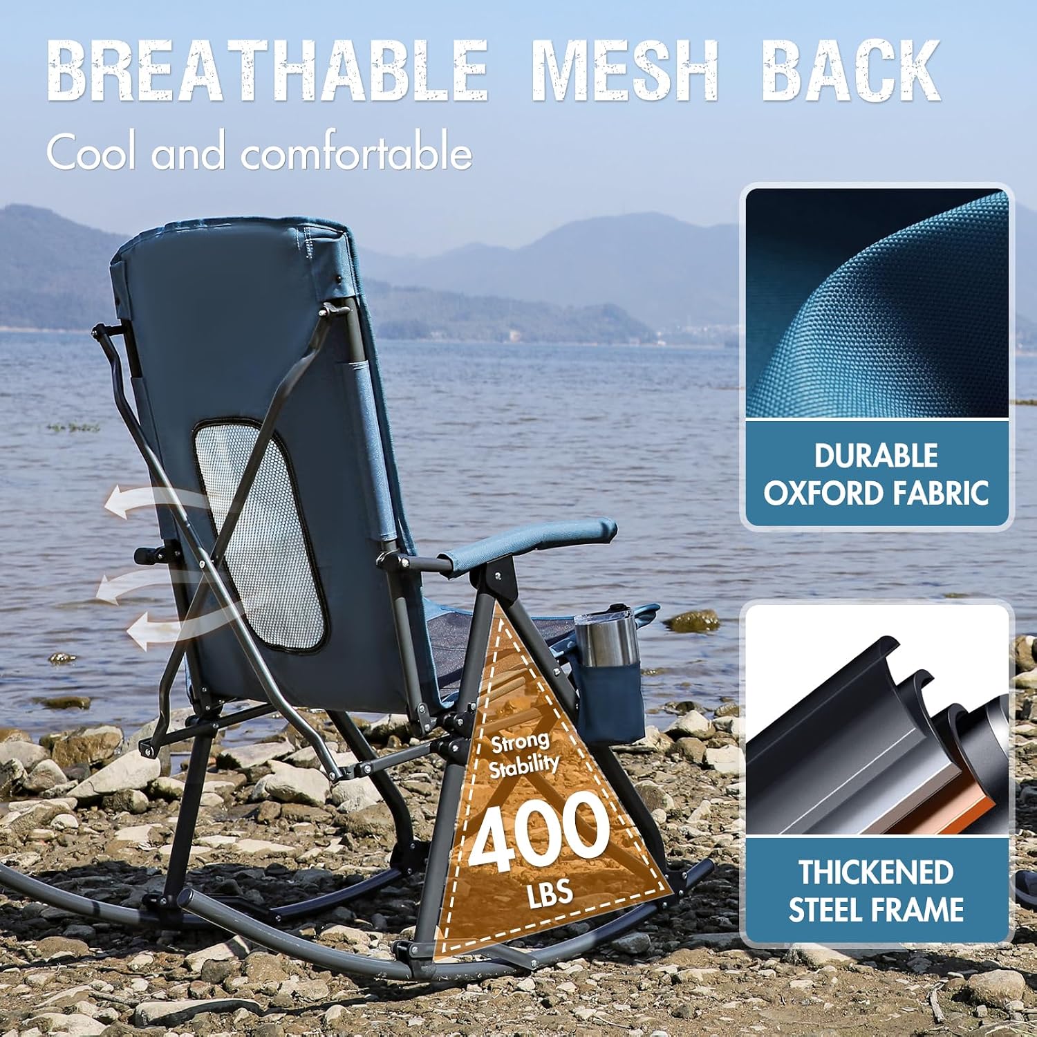 Portal Oversized Folding Rocking Camping Chair Portable Outdoor Rocker with High Back Hard Armrests Carry Bag, Supports 400 lbs