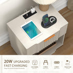 Yechen Fluted Nightstand with 20W Fast Charging Station - Modern Large Night Stand with Storage Drawer & Open Shelf, Wide Wood Bedside End Table for Bedroom with Curved Profile Base, White Oak