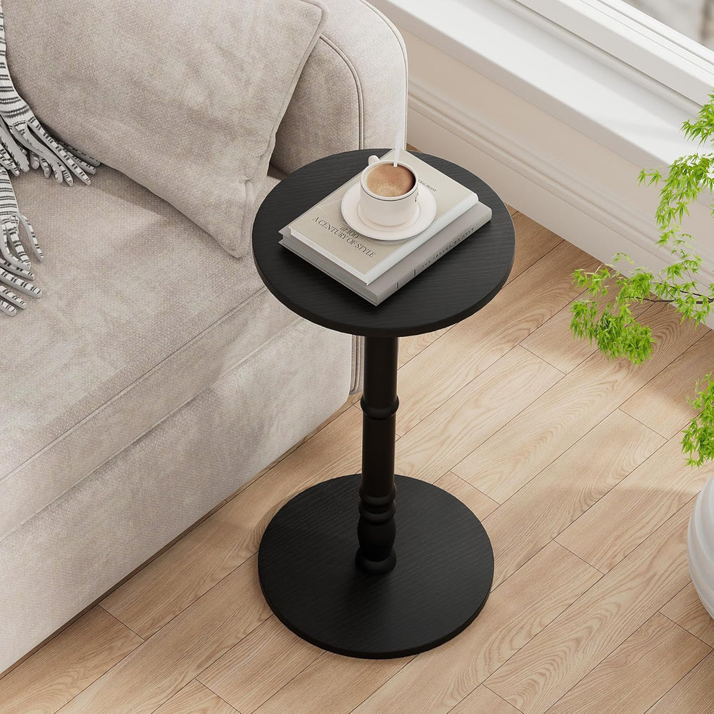 Homleke 12" Round Side Table, Solid Wood Pillar with Wood Top & Base...