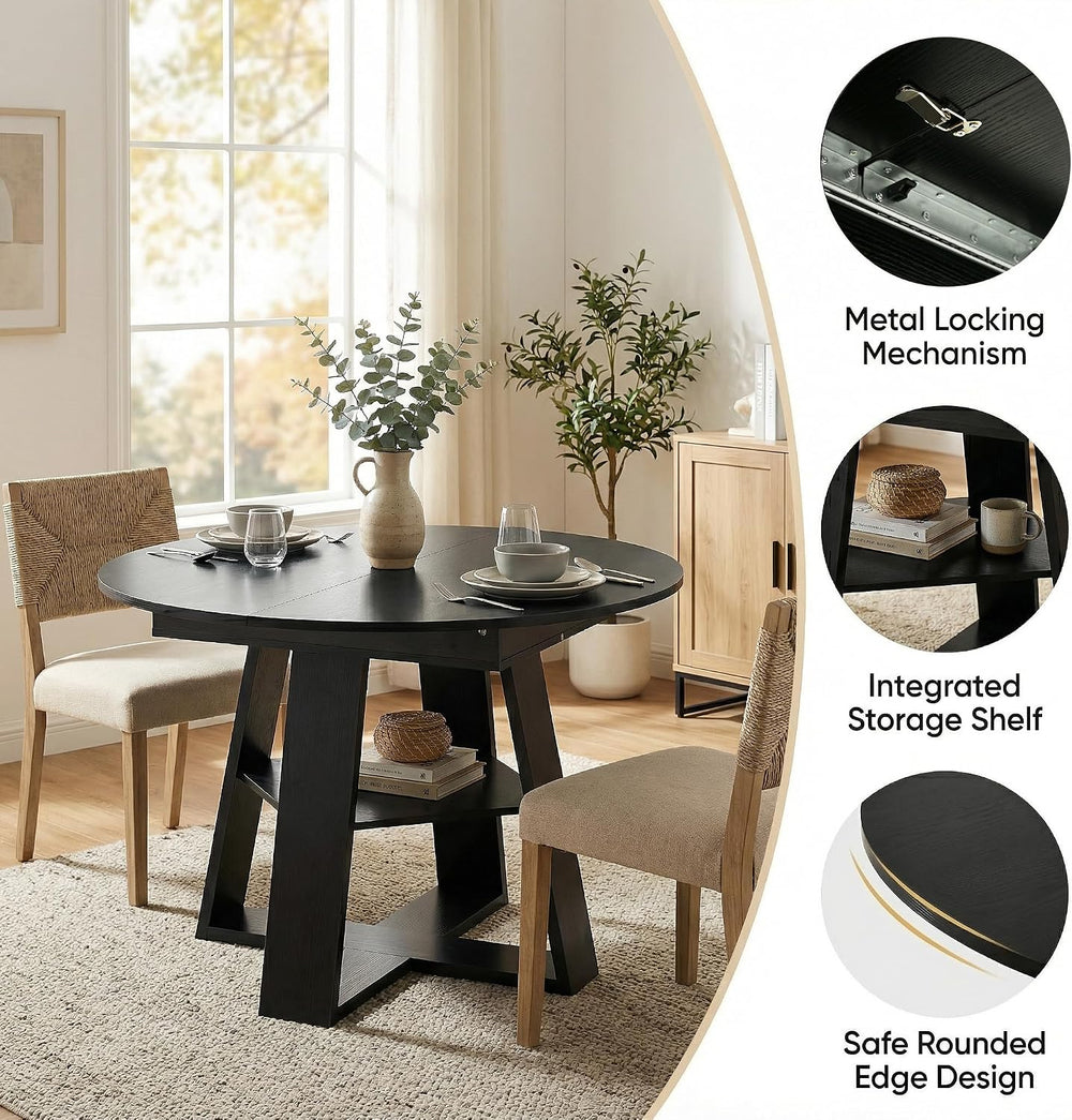 43.3"-59" Round Extendable Dining Table for 4-6 Modern Black Wood K...