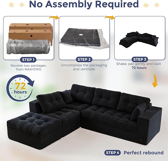 MAXYOYO 132" L Shaped Modular Sectional Sofa with Ottoman, Cloud Boneless Couch with Layered Cushion, Upholstered Sofa in a Box, Flexible Module Combination for Living Room, No Assembly, Black