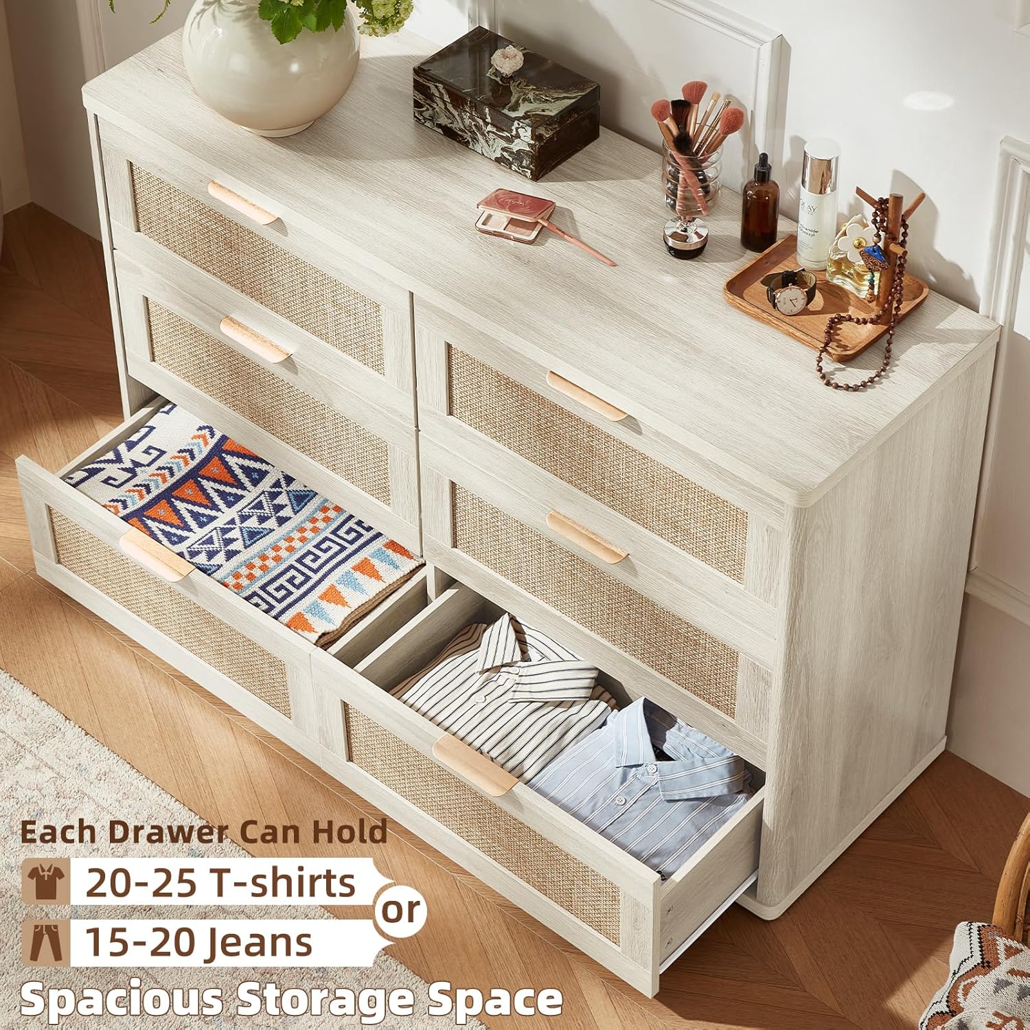 LEYAOYAO Rattan 6 Drawer Dresser for Bedroom, Boho 48" Wide White Dresser Chest of Drawers, Dressers TV Stand with Metal Handle, Storage Dressers Closet Organizer for Living Room, Hallway