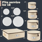 Hard Shell China Storage Containers 5-Piece Set Moving Boxes for Dinnerware, Glasses, Plates, Mugs and Saucers Sturdy Dish Organizer with Dividers for Seasonal Storage - Service for 12 - Beige