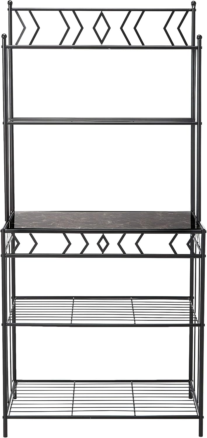 Kings Brand Furniture - 5-Tier Standing Kitchen Bakers Rack for with Storage Microwave Stand, Metal Frame with Marble Finish - Black