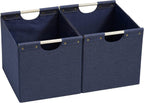 HOONEX Large Foldable Storage Bins, Linen Fabric, Pack of 2, Storage Baskets with Wooden Carry Handles and Sturdy Heavy Cardboard, for Home, Office, Car, Nursery, Blue
