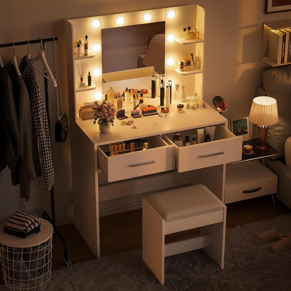 Furmax Makeup Vanity Desk with Mirror and Power Outlet, White | 3 Color Light...