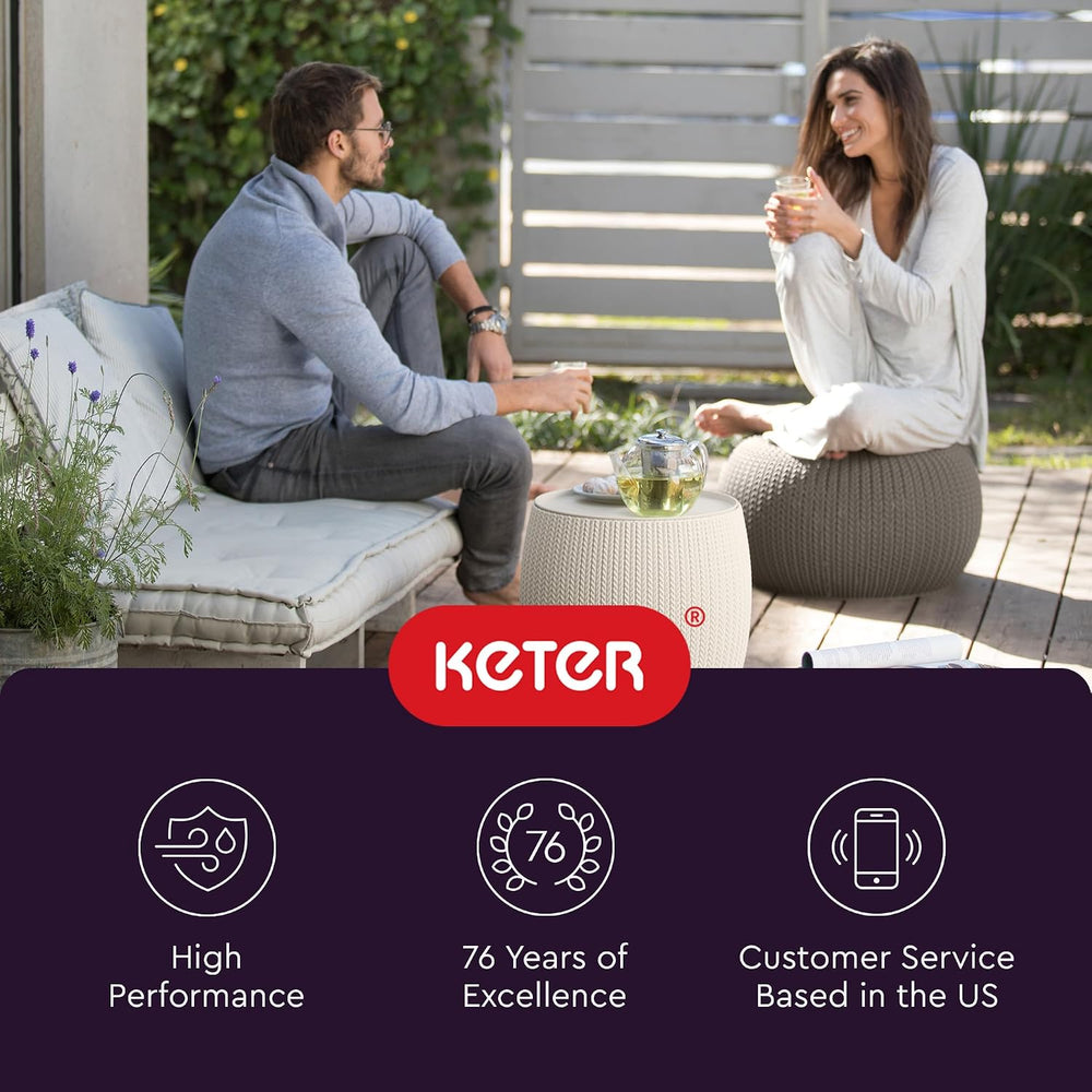 KETER Urban Knit Pouf Ottoman Set of 2 with Storage Table for Patio and Room ...