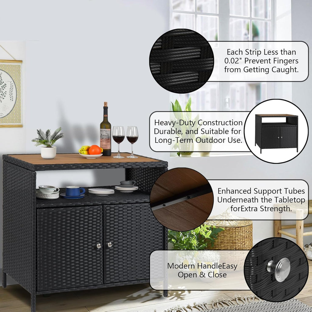 Garvee Patio Outdoor Wicker Storage Cabinet with Shelf, Powder Coated Steel, Patio Bar Table with 2-Door and Shelf, All Weather Resin Wicker, Patio Pool Garden Kitchen, Brown Table