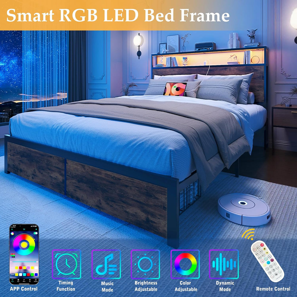 Full Bed Frame with Charging Station, LED Lights, 2 Drawers, Rustic Brown
