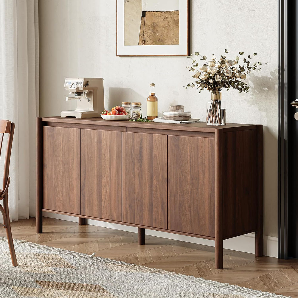 59" Wide Walnut Buffet Cabinet Storage,4 Doors and Adjustable Shelves,So...