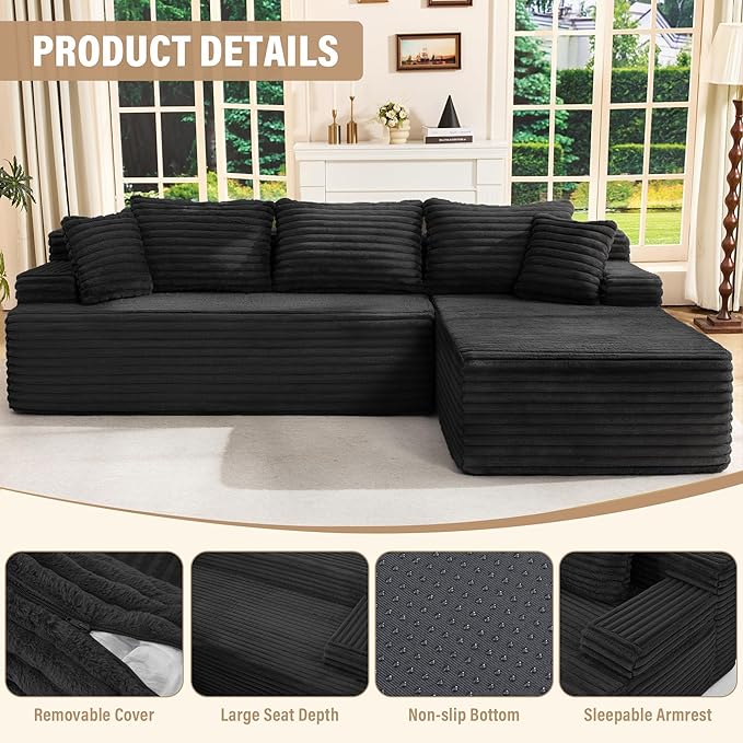 Hobestluk Modular Sectional Sofa Couches L-Shape Couch 3 Seat Modular Sofa Memory Foam Sectional Couches for Living Room, Cloud Couch with Oversized Chaise (Right Facing)