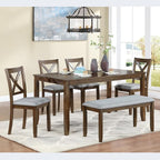 KEIKI 6-Piece Standard Height Dining Table Set with Rectangular Table, 4 Upholstered X-Shaped Backrset Chair, Bench, for 6 Person, Modern Table Set, Easy Assembly, for Kitchen, Dining Room, Walnut