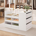 LIVAUVEAD Closet Island with 15 Drawers, Glass Top & Display Shelves, White | Wardrobe Armoire Bedroom Island, White Dresser with Glass Display Shelf, Walk-in Closet Island for Bedroom, Cloakroom