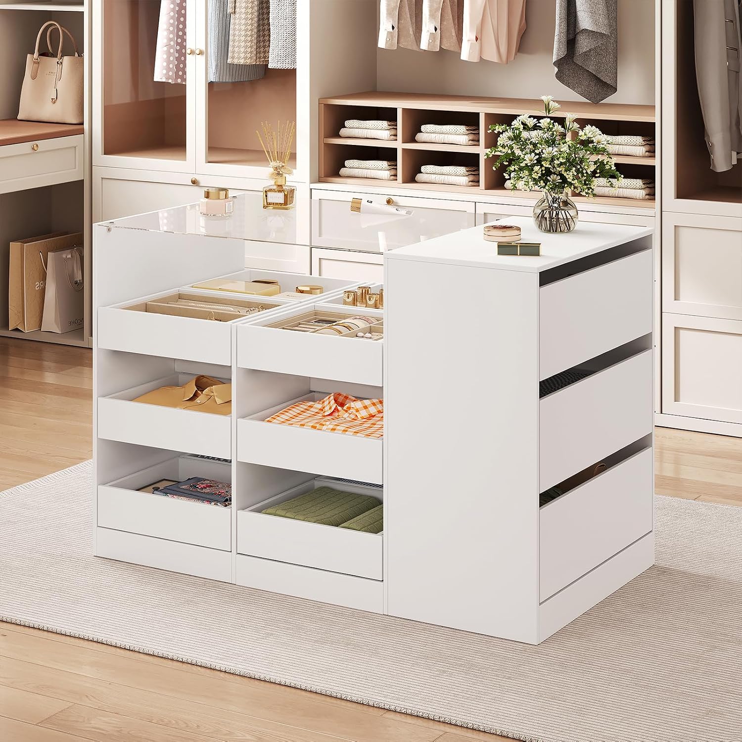 LIVAUVEAD Closet Island with 15 Drawers, Glass Top & Display Shelves, White | Wardrobe Armoire Bedroom Island, White Dresser with Glass Display Shelf, Walk-in Closet Island for Bedroom, Cloakroom