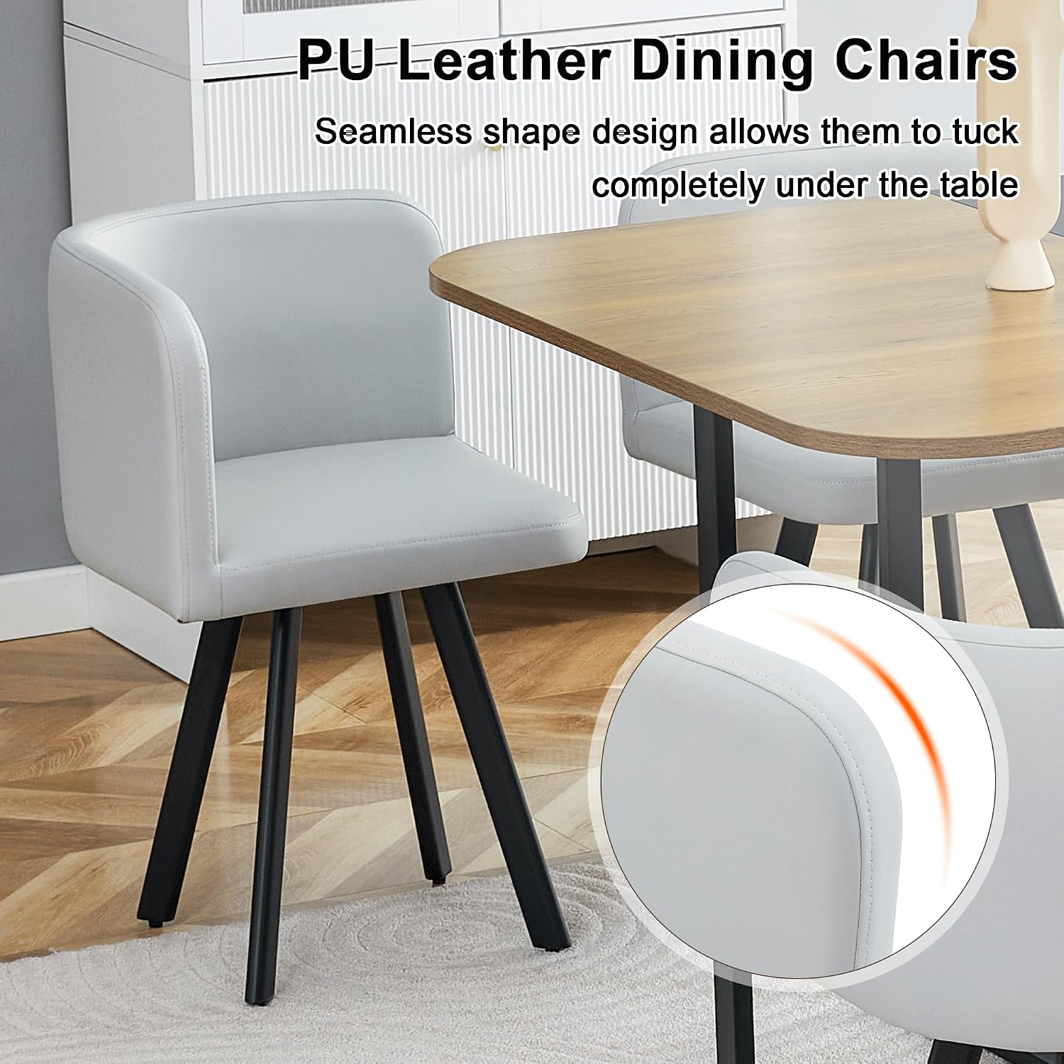 Hommoo 7-Piece Dining Table & Chairs Set for 6, 59” Rectangular Kitchen Table with 6 Chairs PU Leather Upholstered, Space-Saving Dining Room Table with Metal Frame Black Wood Table and Grey Chair