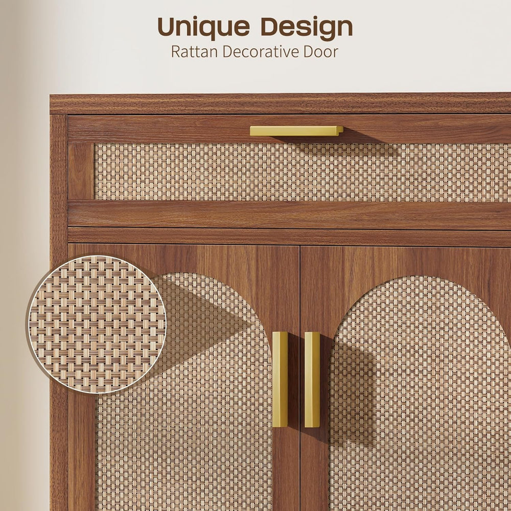 Rattan Buffet Cabinet with Storage, Sideboard Cabinet with Doors and Shelves,...