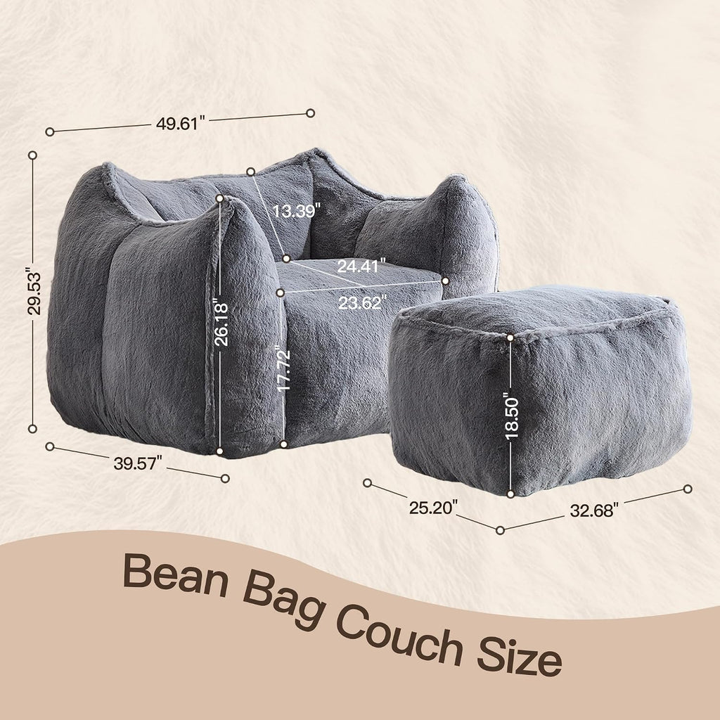 WELAX Giant Bean Bag Chair for Adults Teens – Fluffy Plush Large Bean Bag Sofa Chairs with Ottoman, Comfy Reading & Gaming Beanbag Couch for Bedroom Living Room, Dark Gray