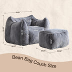 WELAX Giant Bean Bag Chair for Adults Teens – Fluffy Plush Large Bean Bag Sofa Chairs with Ottoman, Comfy Reading & Gaming Beanbag Couch for Bedroom Living Room, Dark Gray