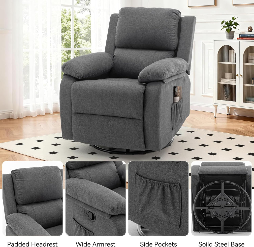 Korser Recliner Chair, 360 Swivel Rocker Chair for Adults, Small Rocking Recliner for Small Spaces, Upholstered Fabric Glider Recliner Nursery