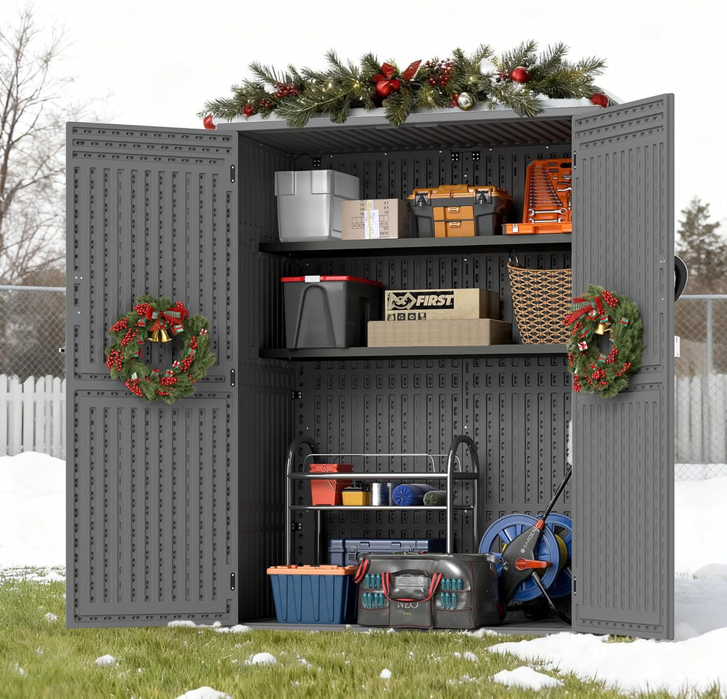 EHHLY Vertical Resin Storage Shed, 60 Cuft Garden Tool Sheds & Outdoor Storage, Plastic Outdoor Storage Cabinet Waterproof, 4.5 x 2.3 ft Backyard Outside Lawn Mower Storage Shed, Grey