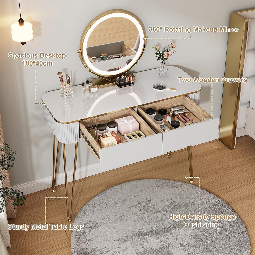 Furnistar White & Gold Vanity Desk with Round LED Mirror & 2 Drawers ...