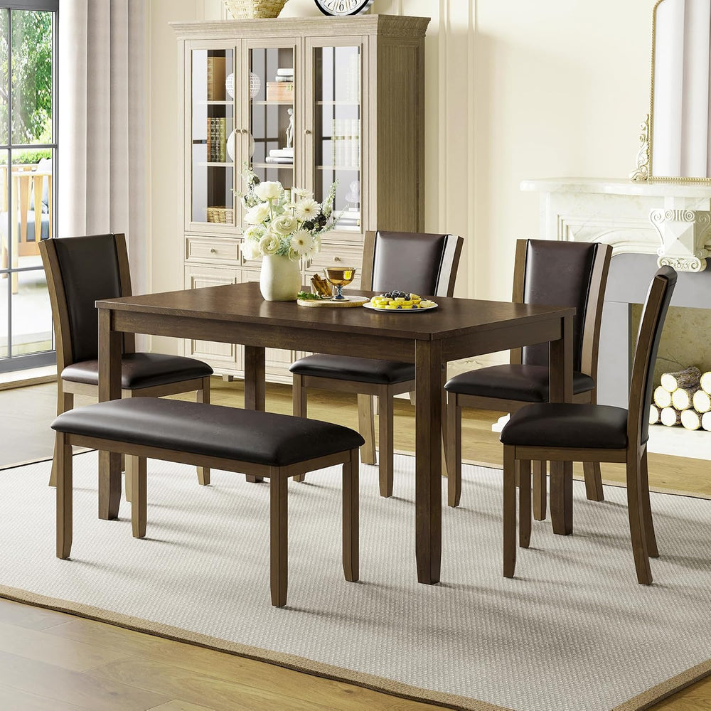 6-Piece Dining Table Set with Bench and Chairs - Solid Wood Kitchen Dining Ro...