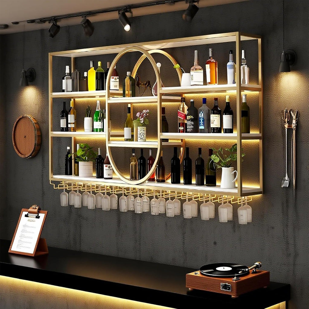 71IN Large Wall Mount Wine Rack, Metal 4 Tier Hanging Bottle Holder with Wine Glass Storage Racks, Modern Floating Wine Shelves for Home Bar Dining Room Decoration (Gold)