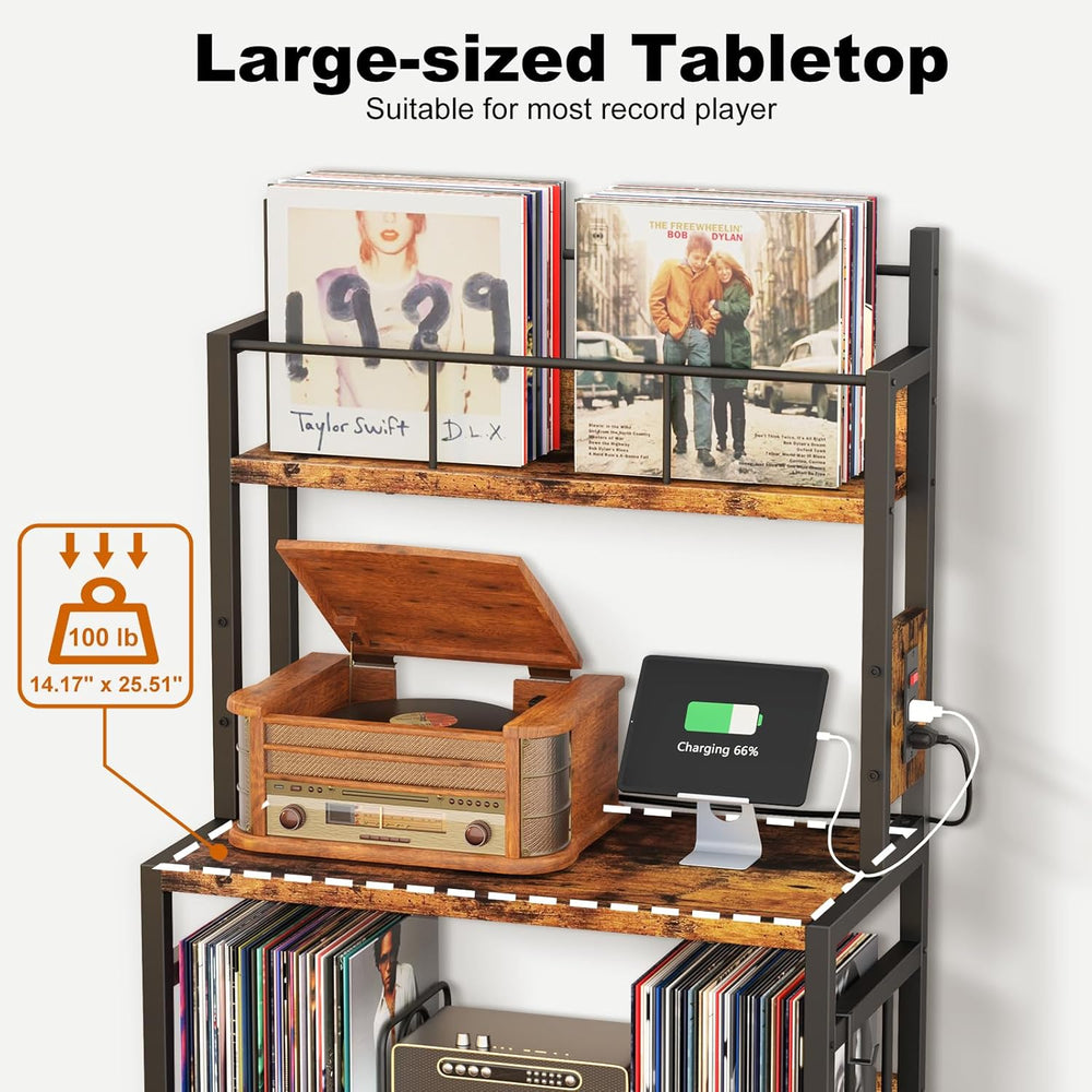 Record Player Stand with Power Outlets,Vinyl Display and Storage shelf | 4-Ti...