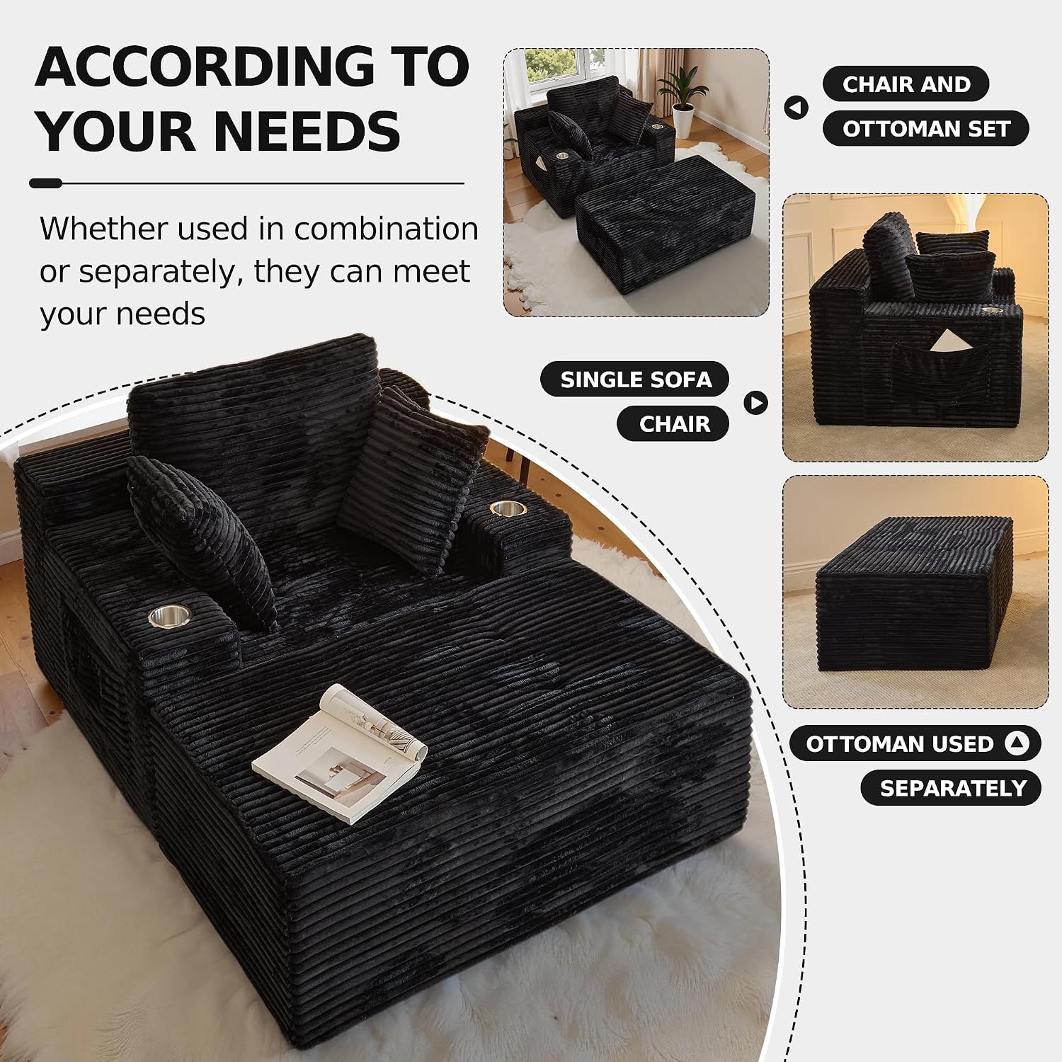 66" Chaise Lounge Chair Indoor,Oversized Boneless Single Sleeeper Couch Bed,Cloud Sofa with 3 Soft Pillows for Livingroom,Bedroom,No Assembly (Black, 66inch)
