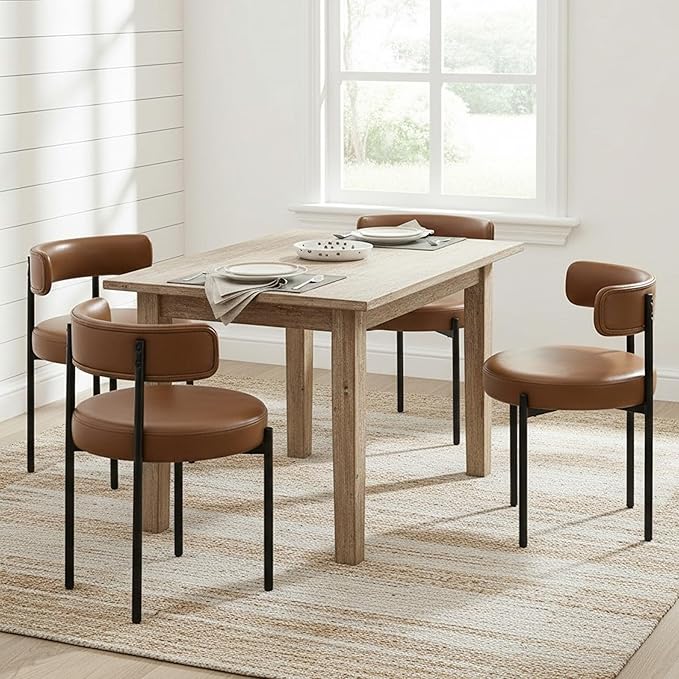 Faux Leather Dining Chairs Set of 4, Upholstered Kitchen and Dining Room Chairs, Mid-Century Modern Dining Chairs with Round Back and Black Metal Legs, Vegan Leather, Brown