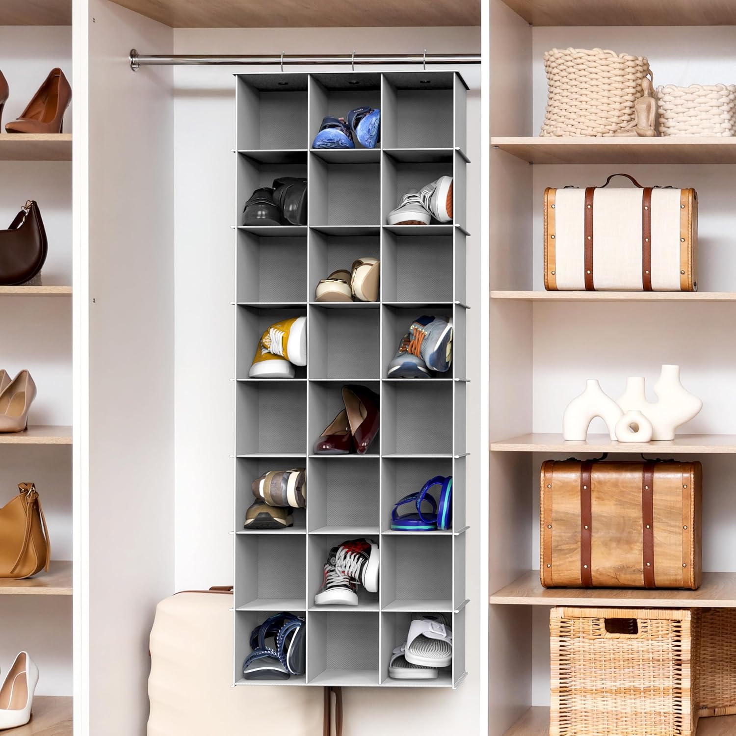 Simple Houseware 24 Section Shelves Hanging Shoes Organizer, Gray | 3 Metal Hooks, 8 Tier, Holds Up to 24 lbs