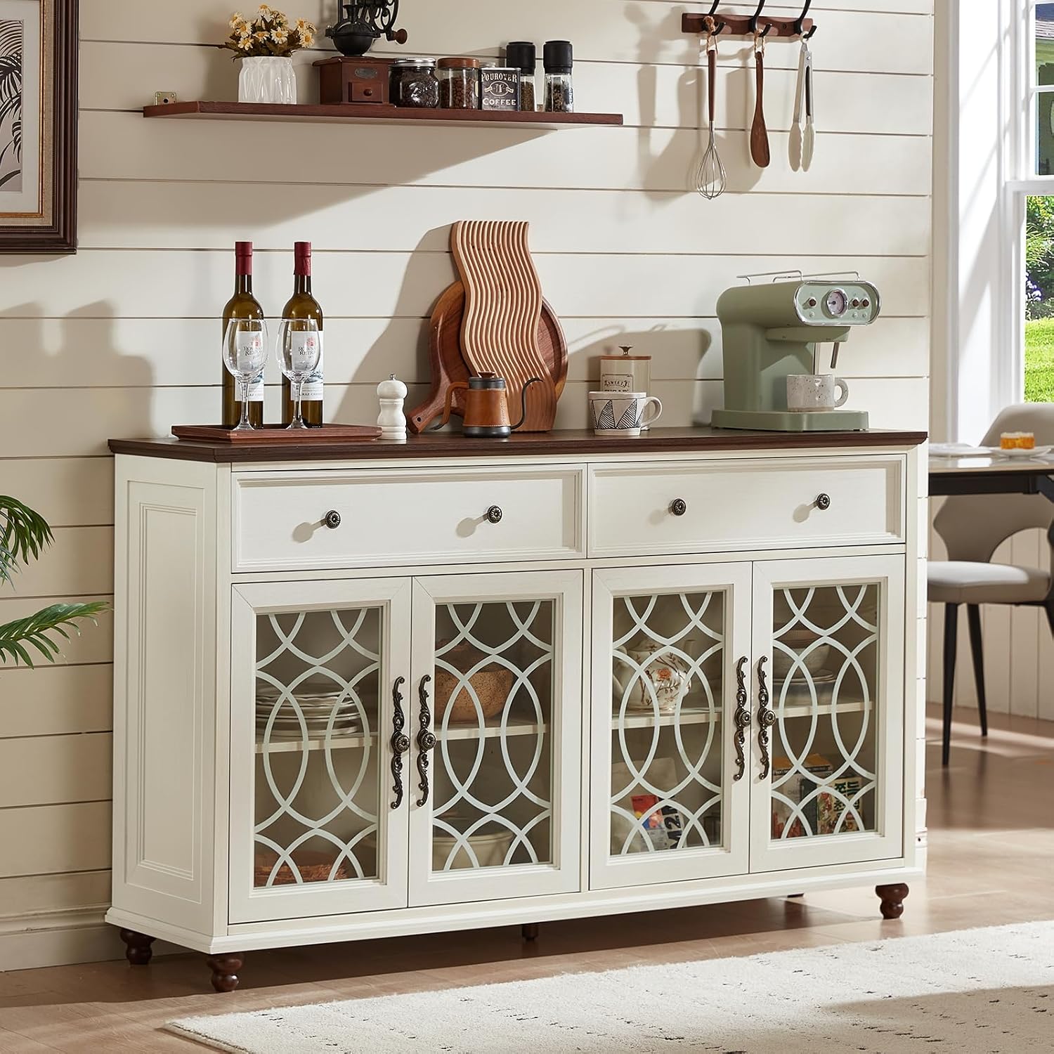 Joaxswe Large Sideboard Buffet Cabinet with Storage,59" Credenza with 4 Glass Doors & 2 Drawers,Adjustable Shelves Coffee Bar,Wood Kitchen Console Table for Dining Room,Living Room,Black